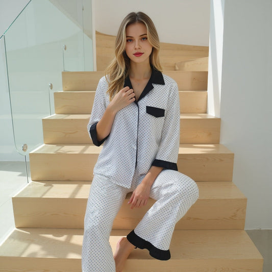 New black dot satin two-piece home clothes long-sleeved pajamas suit for women
