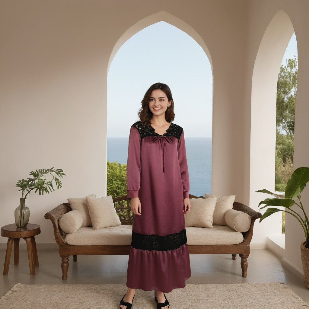 French casual pajamas women's spliced lace long-sleeved nightdress loose large size home nightdress