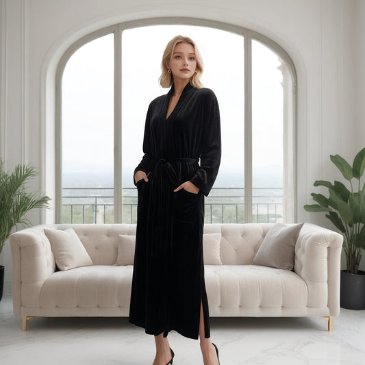 Autumn and winter black long-sleeved robe hotel homestay absorbent long bathrobe female belt style