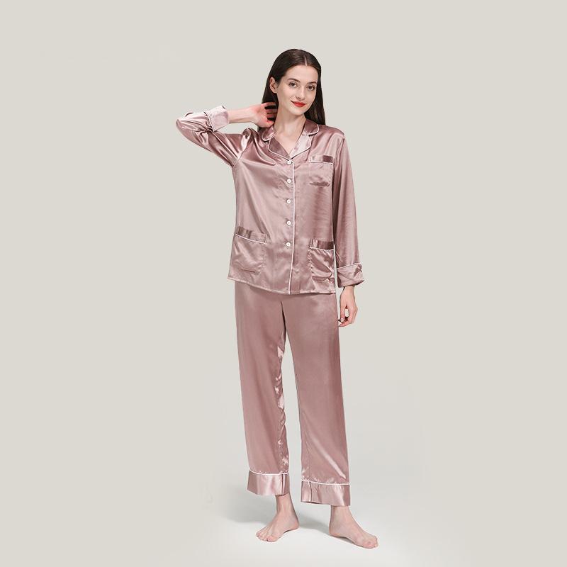 22 Momme Silk Pajamas Women 100% Mulberry Silk Long Sleeve Set Multi-pocket Can Be Worn as Pajamas