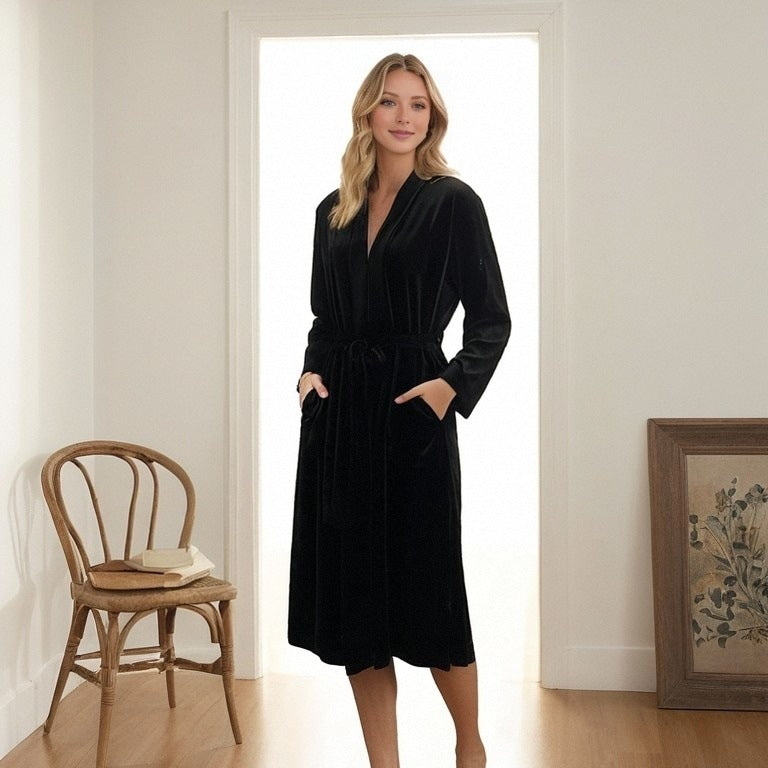 Autumn and winter black long-sleeved robe hotel homestay absorbent long bathrobe female belt style