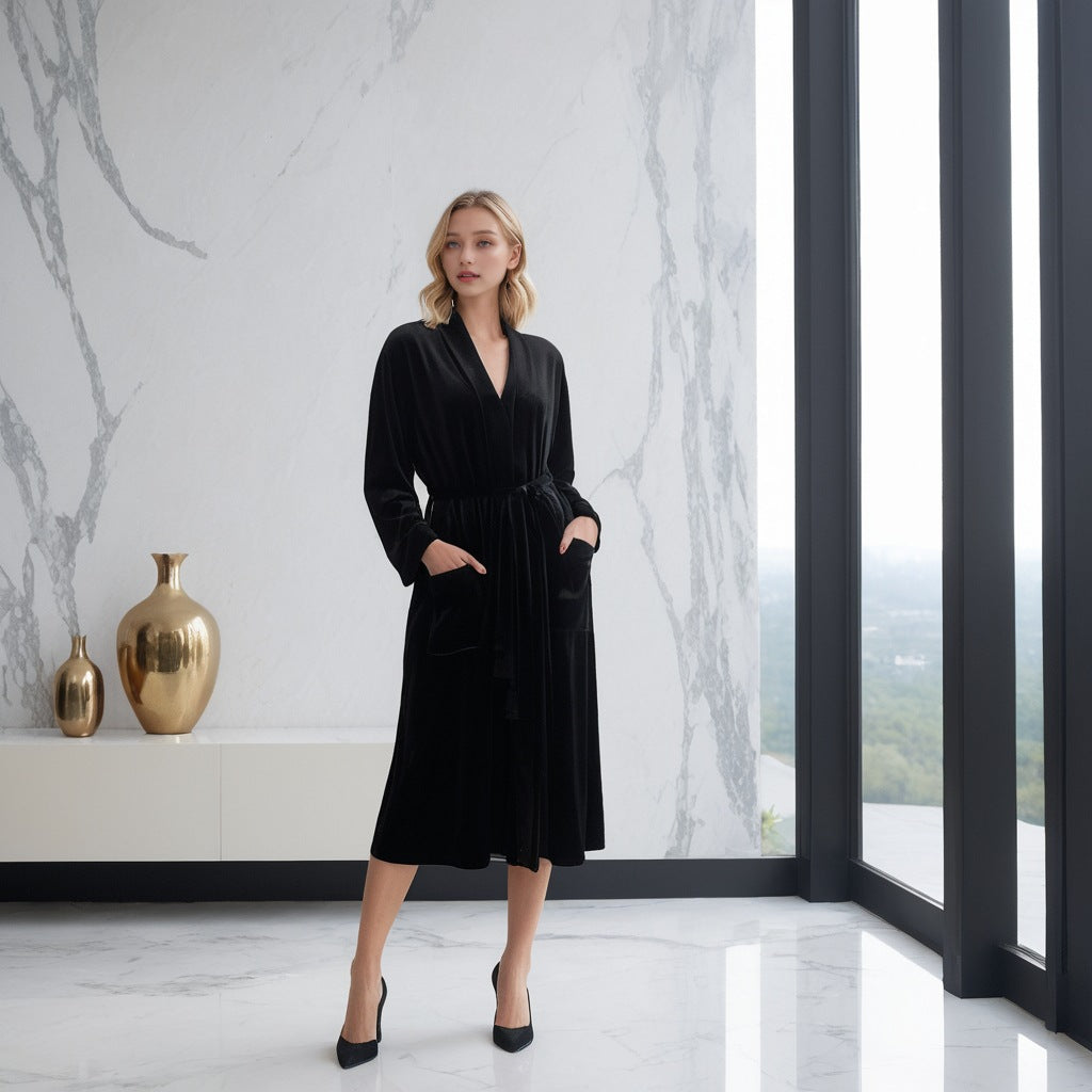 Autumn and winter black long-sleeved robe hotel homestay absorbent long bathrobe female belt style