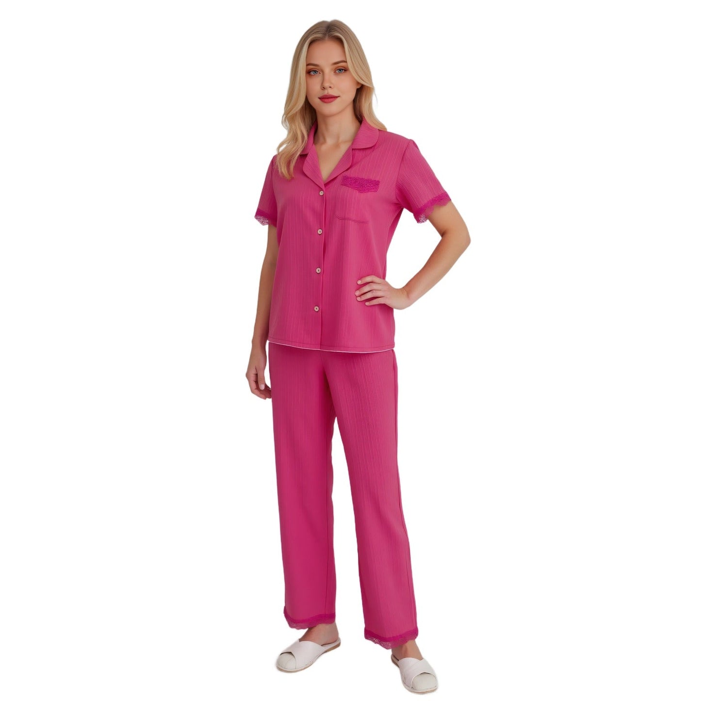 Women's home clothes woven fashion sea wave stripe splicing lace short-sleeved pajamas