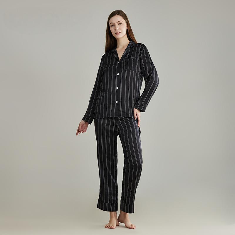 Heavy silk pajamas for men and women, simple and fine stripes, 100% mulberry silk couple home clothes, long sleeves and long pants suits