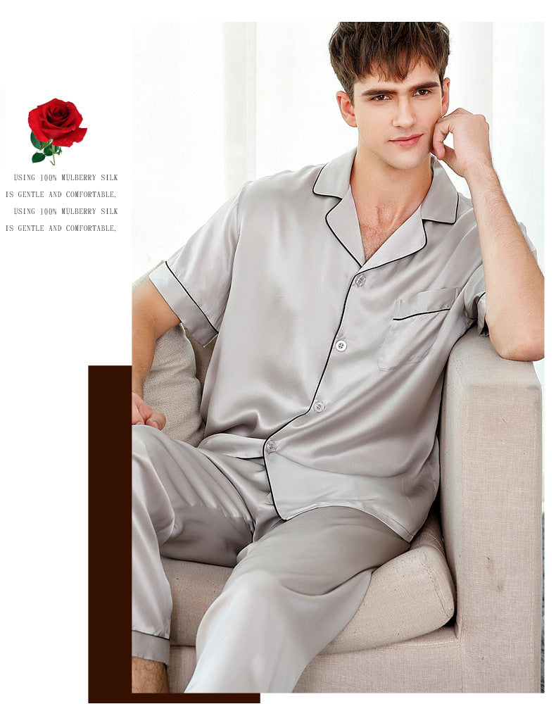 Silk pajamas summer short-sleeved trousers mulberry silk couple home clothes suit men