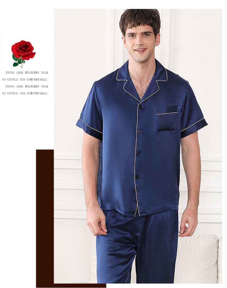 Silk pajamas summer short-sleeved trousers mulberry silk couple home clothes suit men