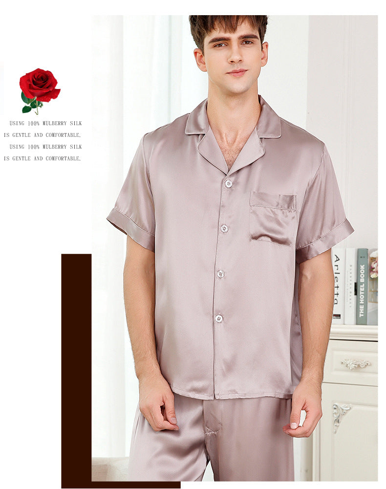 Silk pajamas summer short-sleeved trousers mulberry silk couple home clothes suit men