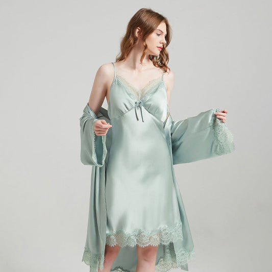 19 Mommy silk suspender nightgown two-piece lace sexy 100% mulberry silk satin pajamas set