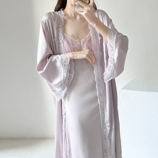 Silk nightgown female sexy suspender nightdress silk pajamas two-piece morning robe mulberry silk pajamas silk home clothes