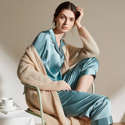 Silk pajamas women's high-end spring and autumn long-sleeved two-piece suit 100% mulberry silk couple home clothes silk women's suit