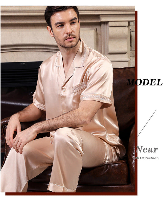 Silk pajamas men's short-sleeved suits spring and autumn new 100% mulberry silk home clothes large size