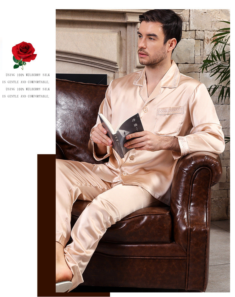 Spring and autumn men's silk pajamas long sleeve two-piece suit 100% mulberry silk printed home clothes
