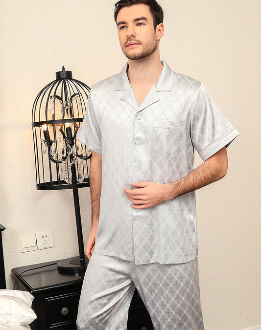 Spring and Autumn new men's short-sleeved trousers heavy mulberry silk home clothes suit T9024