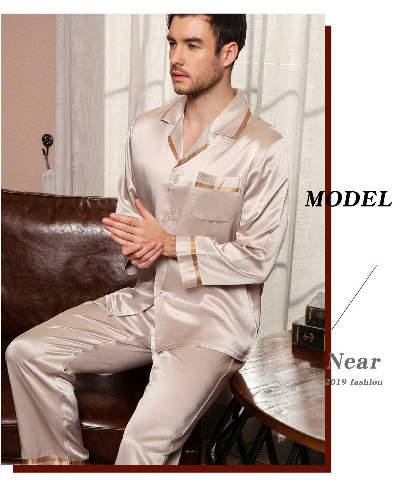 22 Momme heavy silk men's mulberry silk spring and autumn two-piece pajamas home clothes T9030